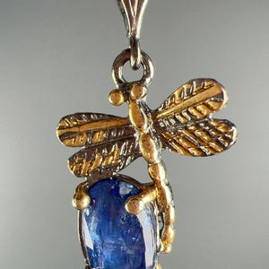 Peut inclure: Un pendentif en argent et or avec une pierre précieuse bleue et un motif de libellule.