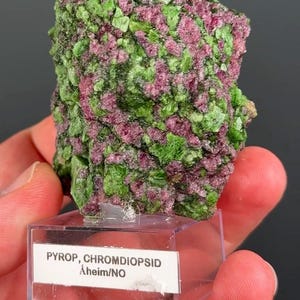 Puede incluir: Un espécimen mineral en bruto que presenta un grupo de cristales de granate piropo de color magenta intenso incrustados en una matriz de cromodiópsido verde vibrante. El espécimen está montado sobre una base de acrílico transparente con la etiqueta PYROP, CHROMDIOPSID Åheim/NO.