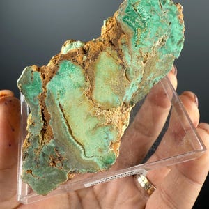 Op de afbeelding: Een groen en bruin mineraalspecimen met een ruw, getextureerd oppervlak. Het specimen wordt getoond op een heldere acrylbasis.