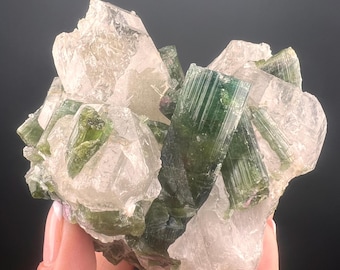 Epic! Green Tourmaline on Quartz Crystal Specimen