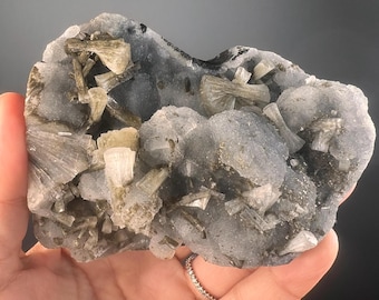 Green Heulandite on Blue Chalcedony Specimen: Stibnite Crystals from India