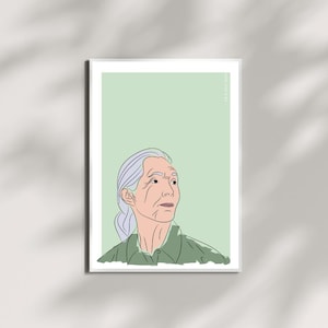 Jane Goodall Portrait - Feminist Icon Wall Art - Minimalist Female Activist Print Digital Download
