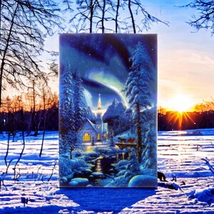 May include: A winter scene featuring a small church in the distance, surrounded by snow-covered trees and a stream. The sky is a vibrant blue with a green and purple aurora borealis in the background.