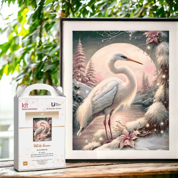 Bead embroidery kit White Heron, Bird Gift kit, Complete DIY Craft Set for Bead embroidery, hand embroidery designs, craft passion.