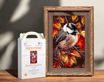 Chickadee Beneath Rustling Leaves Bead Embroidery Kit, Bird Poecile DIY Craft Set Full Hand Embroidery