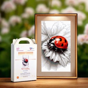 Può includere: Un'opera d'arte incorniciata e un kit di artigianato con una coccinella. L'opera d'arte raffigura una coccinella rossa con macchie nere su una foglia in scala di grigi. La scatola del kit ha un manico e mostra l'immagine della coccinella.