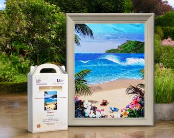 Bead embroidery kit Hawaii, Wonderful landscape Hawaii Gift kit, Complete DIY Craft kit for Bead embroidery, Craft Passion.