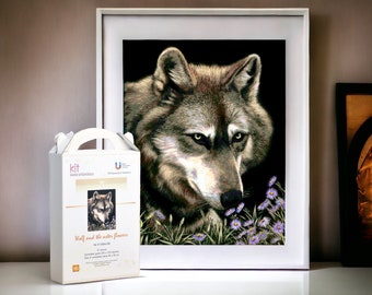 Gift Bead embroidery kit, DIY kit, Full bead Embroidery Kit Wolf And The Aster Flowers