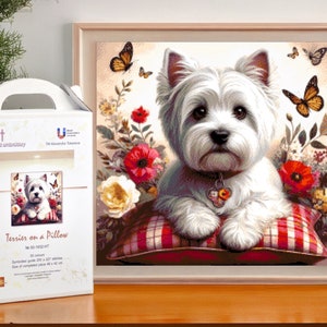May include: A white terrier dog with a red and white checked pillow, surrounded by flowers and butterflies. The image is part of a bead embroidery kit titled "Terrier on a Pillow".