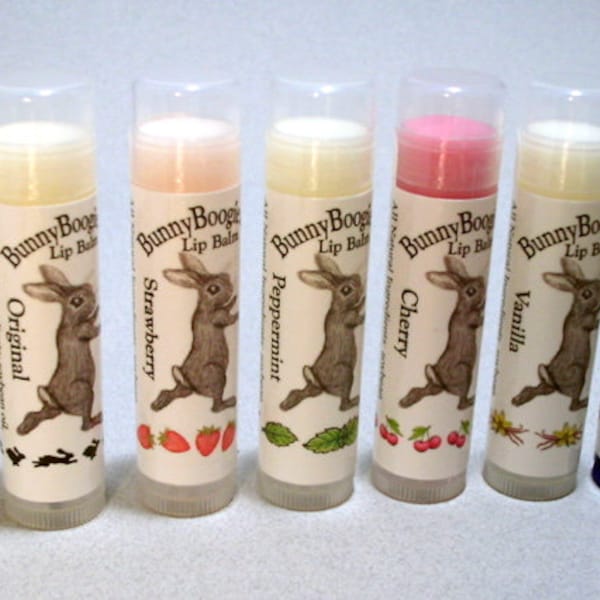 Skin Care Set, 4 all natural lip balm strawberry, peppermint, cherry, vanilla, blue raspberry, original, Bunny Boogie, made in USA