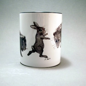 Cute Wildlife Sketches, Animal Lover Gift, Prints of Original Art, Coffee Mug, Tea Cup, Skunk, Rabbit, Opossum, Bunny Boogie, Printed in USA