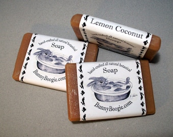 3 thin bars of Hand-crafted Lemon Coconut Soap made of botanical ingredients Bunny Boogie made in USA