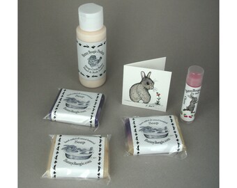 Skin Care Gift Set, Bunny Lovers Gift, Skin Care Products, Rabbit Owners Gift, Mail Some Cheer, Bunny Art, lotion, lip balm, soap, gift tag