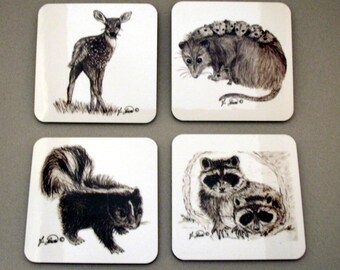 Gift for Animal Lover, 4 hot or cold Coasters, Wildlife Home Decor, Prints of Wildlife Sketches, fawn, opossum, skunk, raccoon, Bunny Boogie