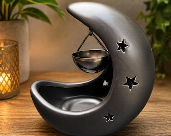 Mondsichel Duftölbrenner mit Hängeschale – Keramik Duftölbrenner – Räucherstäbchenhalter mit Sternausschnitt – Raumduft Dekor