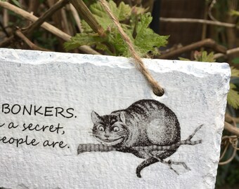 Alice in wonderland hanging slate plaque in two designs Mad Hatter ir Cheshire Cat