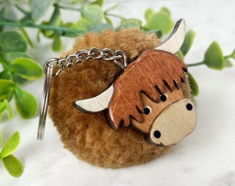 Highland Cow Pompom Keyring UK