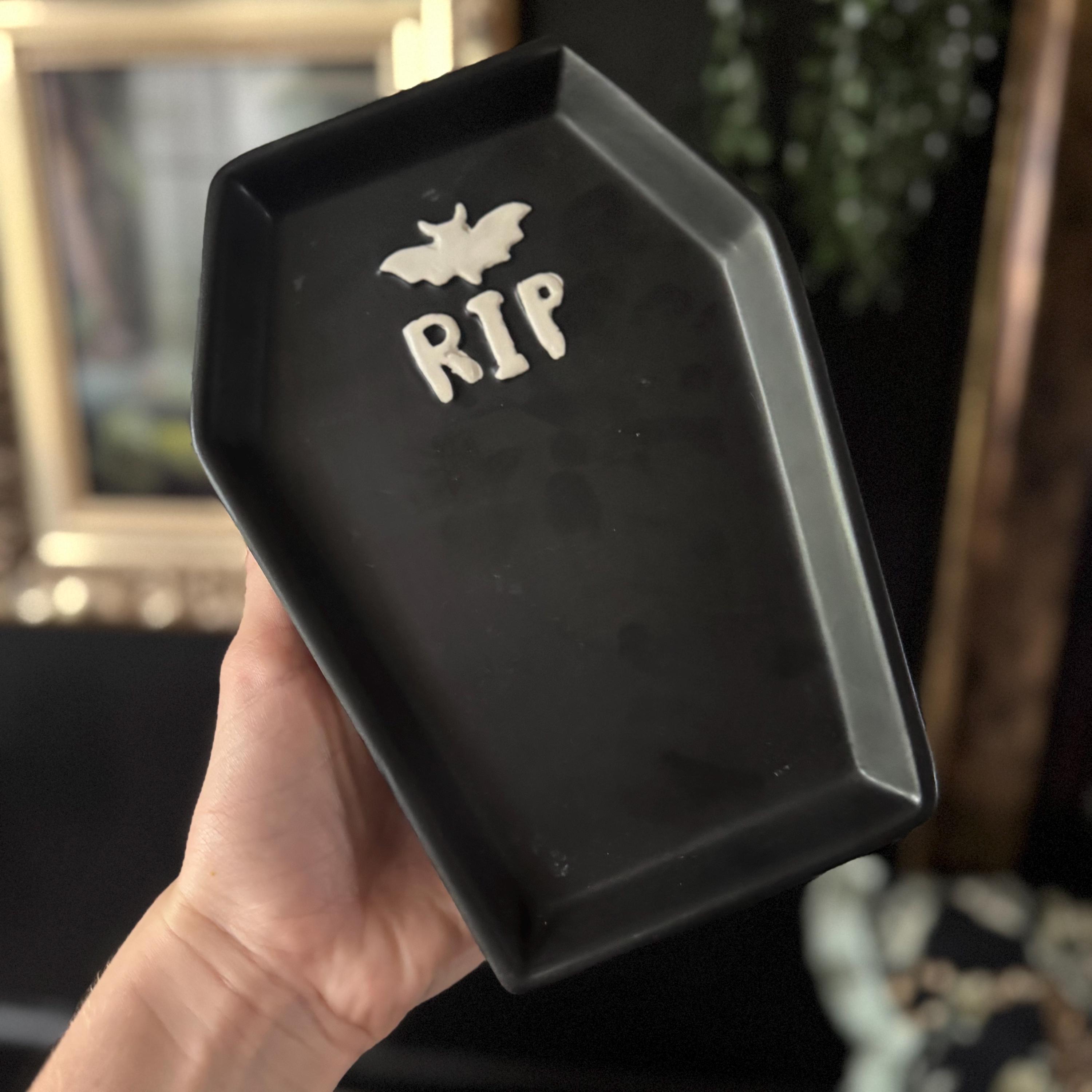 Black coffin rip trinket tray snack dish ceramic gothic Halloween