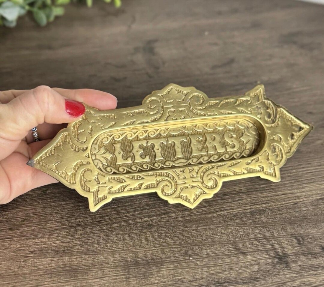 Antique Brass Victorian Letterbox Mail Slot Door Plate Ornate Spring ...