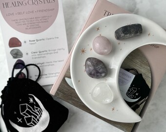 Ensemble de cristaux de guérison - Quartz rose, améthyste, porte-objets lune