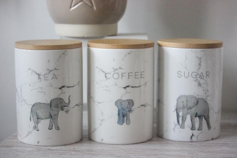 Elephant Marble Canisters Elephant Decor Elephant Kitchen Etsy