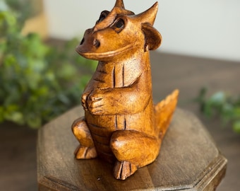 Hand-Carved Wooden Dragon Figurine • Rustic Mythical Creature Decor • Collectible Fantasy Sculpture • Dragon Lover Gift