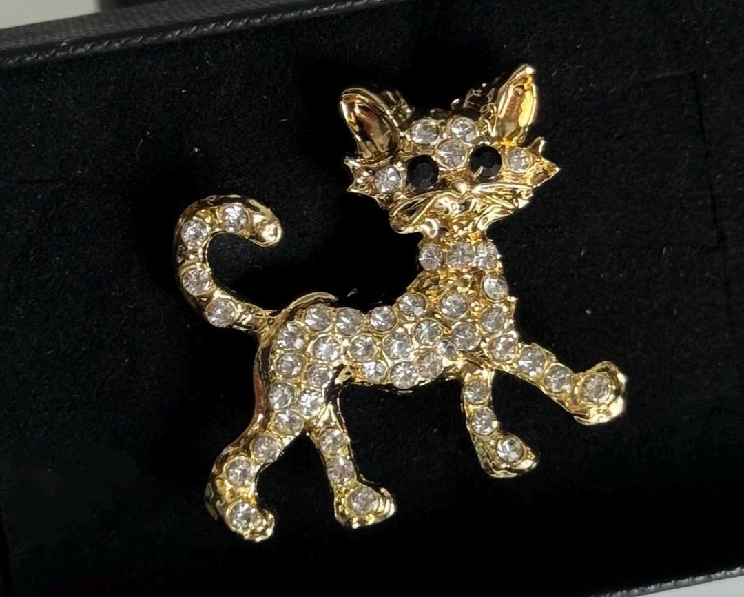 Vintage Gold Tone Rhinestone Cat Brooch Pin – Sparkly Crystal Kitty ...
