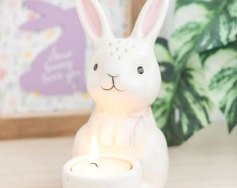 Bougeoir lapin en céramique blanche, décoration de chambre Cottagecore, figurine esthétique de lapin, décoration de cheminée minimaliste printanière, poterie peinte à la main