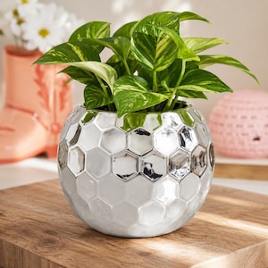 Silverfärgad discokula-planter | Spegelmosaik-kruka | Retro inomhuskruka | Funky heminredning | Discokula-vas | Present till växtälskare