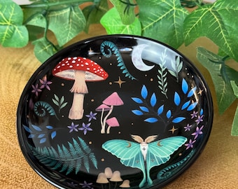 Dark Forest Print ceramic Round Trinket Dish - jewellery dish - toadstool print