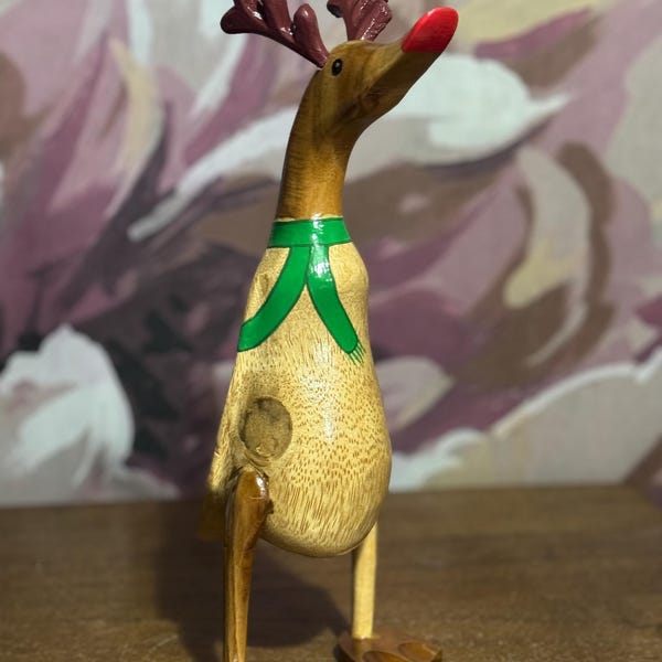 Wooden reindeer duck Christmas wooden Christmas bamboo root quirky duck, decoration , duck gift , bamboo root ducks hand painted