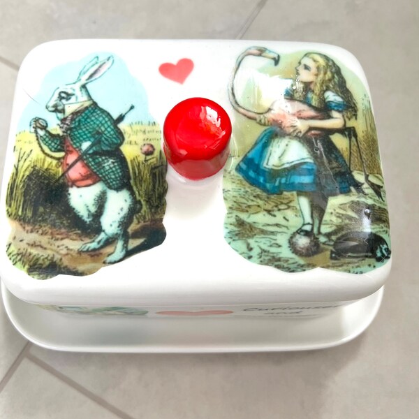 Alice in wonderland butter dish , white rabbit butter dish , mad hatter ,