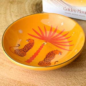 Leopard & Palm Tree Incense Holder - Orange Ceramic Ash Catcher - Tropical Maximalist Home Decor - Wild Animal Incense Burner