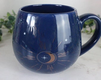 Taza de café y té redonda azul media luna azul cielo nocturno místico medianoche regalo