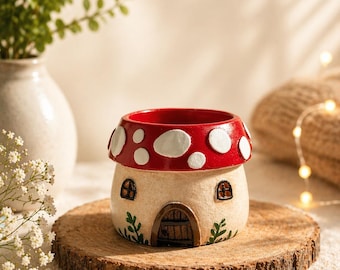 Whimsical Mushroom House Tea Light Holder | Cute Fairy Cottage Decor | Handmade Ceramic Candle Holder | Cottagecore Gift