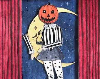 Printable Halloween Pumpkin Clown Circus Girl Paper Doll. Printable Paper Doll. DIY Paper Doll.