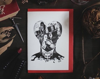 Carte de voeux risographiée Dracula Love de Bram Stoker pour mariage, anniversaire, fiançailles.