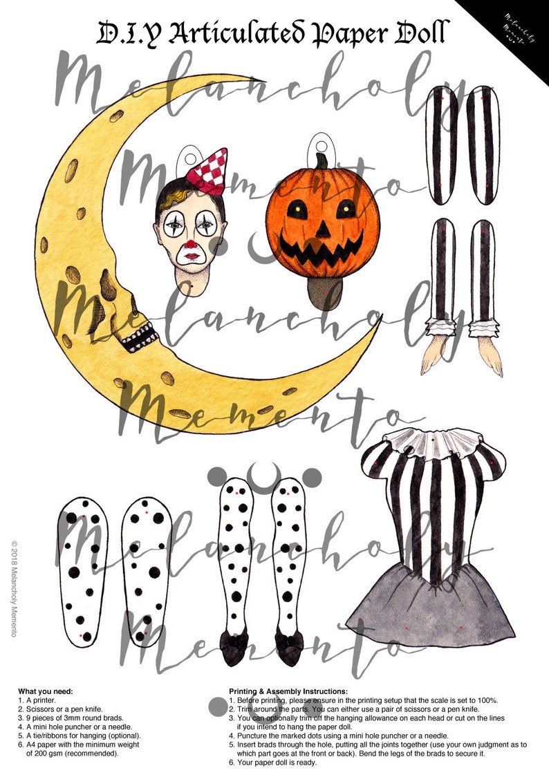 Printable Halloween Pumpkin Clown Circus Girl Paper Doll. Printable Paper Doll. DIY Paper Doll. image 3