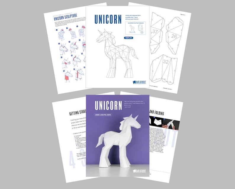 May include: A papercraft unicorn model kit with instructions. The kit includes a white unicorn with a horn, a purple background, and the text "Unicorn" in black.