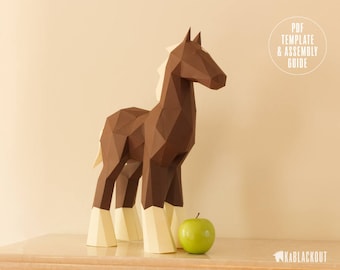 Papercraft Pferde Vorlage, DIY Pferd Papiermodell, DIY Pony Papiermodell, Low Poly Pferd, 3D Papierpferd