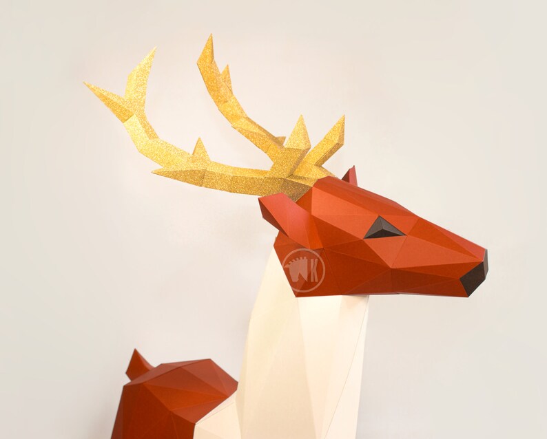 Modello XL di cervo di Papercraft, cervo di Papercraft Low Poly, grande renna di carta 3D, decorazioni natalizie fai da te, PDF di papercraft con renne di Babbo Natale immagine 2