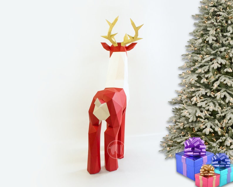 Modello XL di cervo di Papercraft, cervo di Papercraft Low Poly, grande renna di carta 3D, decorazioni natalizie fai da te, PDF di papercraft con renne di Babbo Natale immagine 6