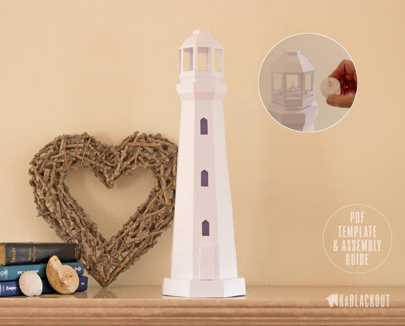 Lighthouse Papercraft, Low Poly Lighthouse Template, DIY Tea Light Lighthouse Model, Nautical Decor, Beach Decor PDF Printable Download image 1