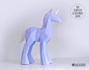 Papercraft Einhorn Vorlage, DIY Einhorn Papiermodell, Low Poly Einhorn Skulptur, Einhorn Dekor, 3D Papier Einhorn - Druckbare PDF Vorlage