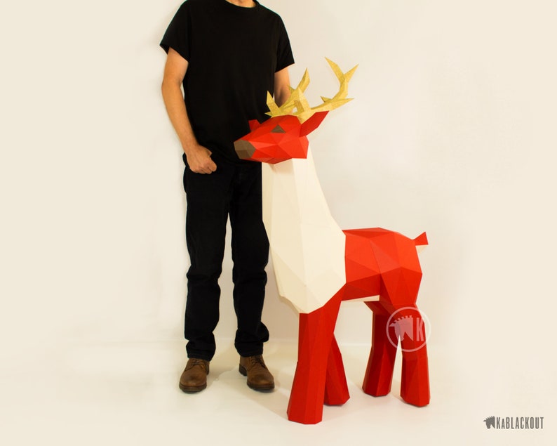 Modello XL di cervo di Papercraft, cervo di Papercraft Low Poly, grande renna di carta 3D, decorazioni natalizie fai da te, PDF di papercraft con renne di Babbo Natale immagine 10