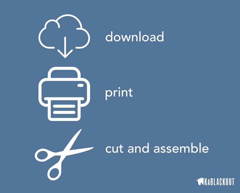May include: White line drawing illustration showing the steps to download, print, cut, and assemble a paper craft project. The steps are shown in a vertical column with a cloud icon, a printer icon, and a pair of scissors.