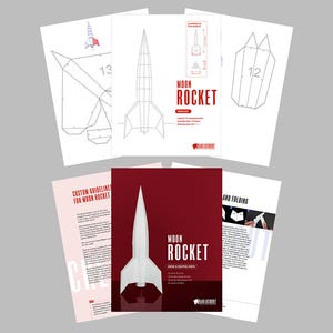 May include: A set of instructions for building a paper model of a rocket. The instructions include a guide with helpful hints, a template for the rocket, and a diagram showing how to fold the paper.