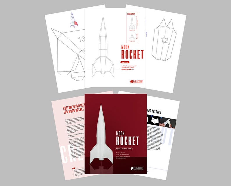 May include: A set of instructions for building a paper model of a rocket. The instructions include a guide with helpful hints, a template for the rocket, and a diagram showing how to fold the paper.