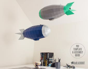 Low Poly Airship, Steampunk Airship, Airship Papercraft, Paper Model Blimp, Ceiling Decor - DIY Printable PDF Papercraft Template Download