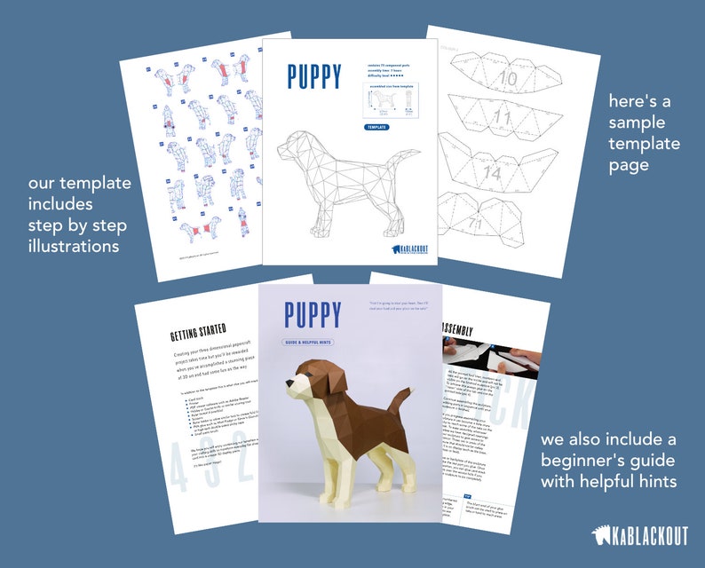 May include: A printable papercraft template for building a puppy. The template includes step-by-step instructions, a beginner's guide with helpful hints, and a sample template page. The puppy is a brown and white dog with a black nose.
